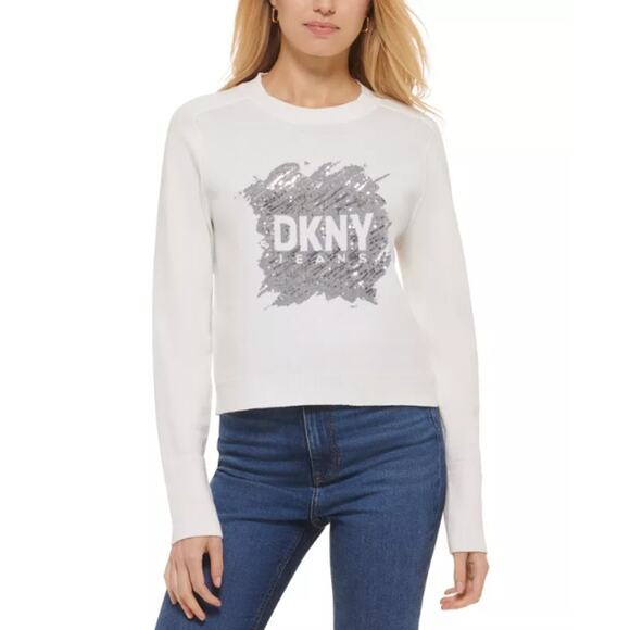 DKNY JEANS Women's Crewneck Sweater XXS Ivory White Sequin Logo Cotton Blend NWT - Picture 1 of 13